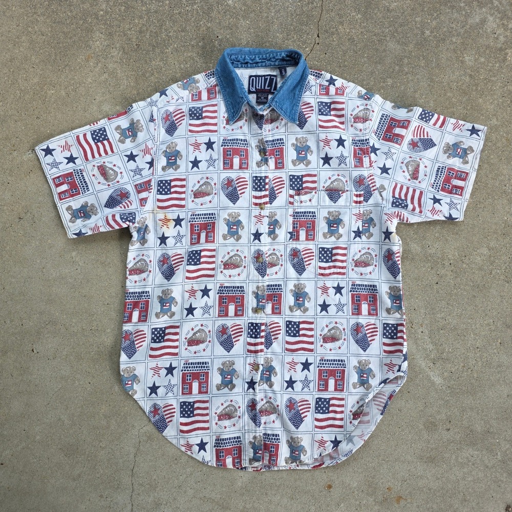 Vintage Cottagecore USA America Button Shirt Denim Collar Flag Bear Size M